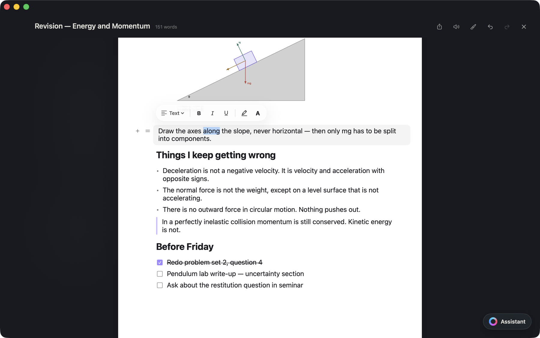 A note open in the editor, with a diagram, a formatting bar, checkboxes and a selected word.
