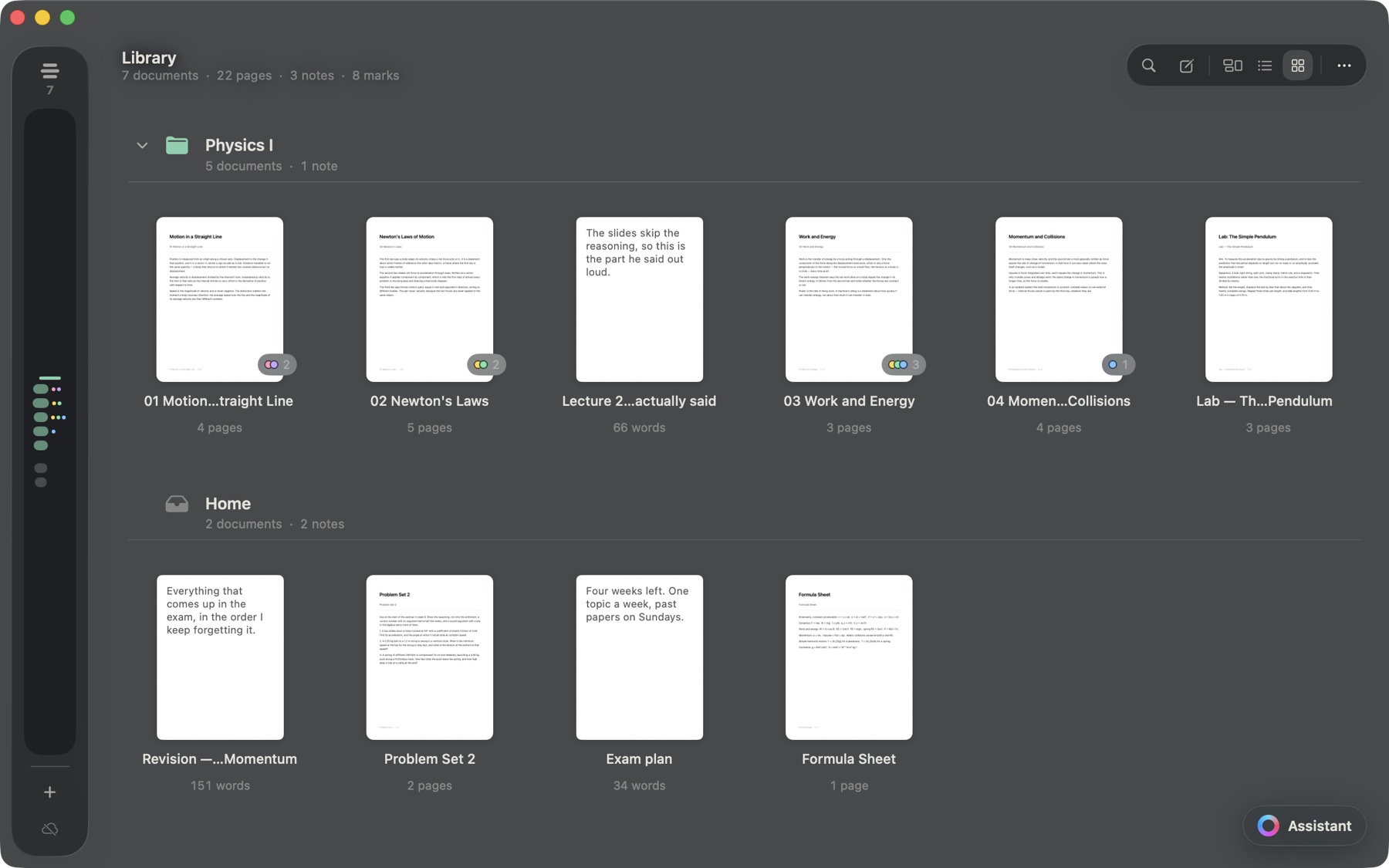 The library as a grid of covers, with notebooks filed among the PDFs inside the same folder.